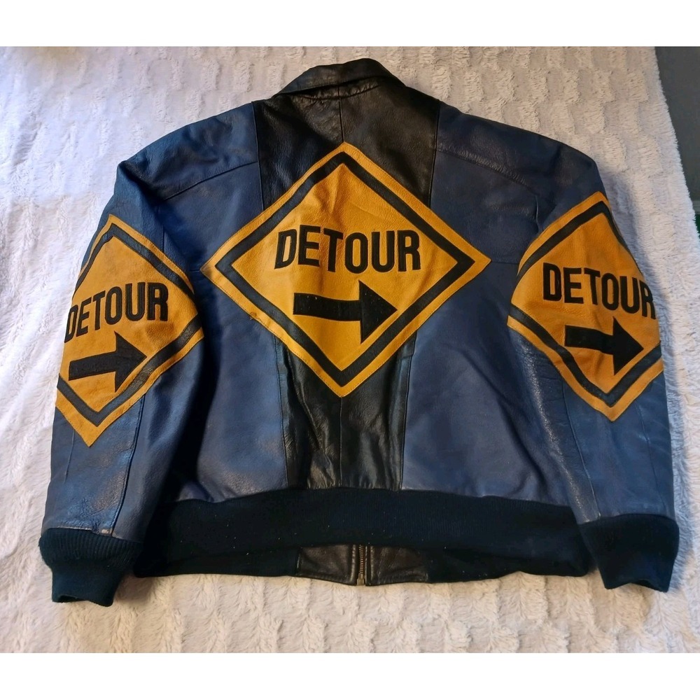 Vintage Phase 2 Detour Road Work Sign Leather Jacket Men's XL 1980s Black/Blue